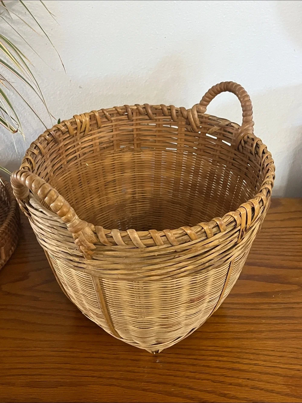 Handwoven Natural Rattan Basket with Loop Handles - Tan